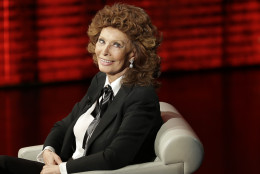 Italian actress Sophia Loren takes part in the Italian State RAI TV program "Che Tempo che Fa", in Milan, Italy, Sunday, Oct. 5, 2014. (AP Photo/Antonio Calanni)