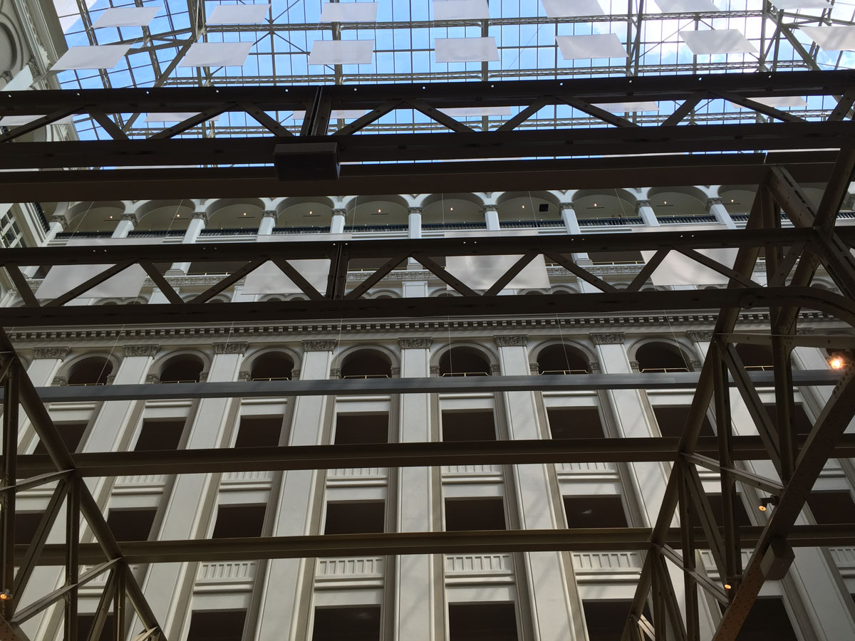A view of the skylight in the grand lobby of the Trump International Hotel on Pennsylvania Avenue in D.C. The hotel held a "soft opening" on Sept. 12. The Trump Organization won a 60-year lease from the federal government to transform the Old Post Office building into a hotel. (WTOP photo/Rich Johnson)