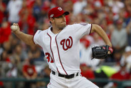 Washington Nationals starting pitcher Max Scherzer delivers against the Los Angeles Dodgers during the first inning in Game 1 of baseball's National League Division Series at Nationals Park, Friday, Oct. 7, 2016, in Washington. (AP Photo/Pablo Martinez Monsivais)