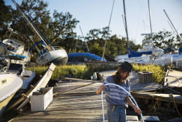 Boats sit washed up on shore as Chris Hinds checks on his own boat amongst the twisted docks at Palmetto Bay Marina damaged by Hurricane Matthew in Hilton Head, S.C., Sunday, Oct. 9, 2016. (AP Photo/David Goldman)