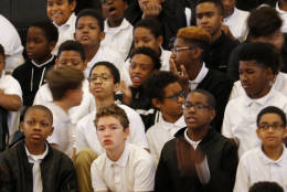 Students at Stephen Decatur Middle School listen during Men Make a Difference Day. (WTOP/Kate Ryan)