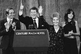 President-elect Ronald Reagan and his wife Nancy wave to supporters after speaking at his election night headquarters in Los Angeles at night on Tuesday, Nov. 5, 1980. Reagan swept to an unusually lopsided win over President Jimmy Carter. (AP Photo)