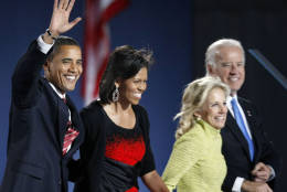 President-elect Barack Obama and his wife Michelle and Vice president-elect Joe Biden and his wife Jill take the stage after Obama delivered his victory speech at the election night party at Grant Park in Chicago, Tuesday night, Nov. 4, 2008.  (AP Photo/Pablo Martinez Monsivais)