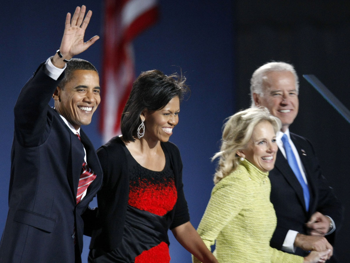 President-elect Barack Obama and his wife Michelle and Vice president-elect Joe Biden and his wife Jill take the stage after Obama delivered his victory speech at the election night party at Grant Park in Chicago, Tuesday night, Nov. 4, 2008.  (AP Photo/Pablo Martinez Monsivais)