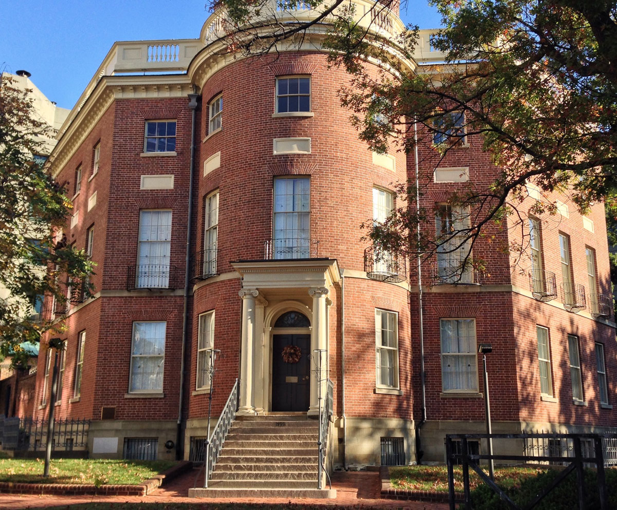 <h3><strong>The Octagon House</strong></h3>
<p>The oddly shaped brick mansion was built by the architect of the U.S. Capitol, William Thornton in the late 1700s for a rich Virginia plantation owner. James Madison used the residence, which is in the Foggy Bottom neighborhood, <a href="https://www.nps.gov/places/octagon-house.htm" target="_blank" rel="noopener">as a temporary headquarters</a> after the British burned the White House to the ground in the War of 1812. Visitors say they&#8217;ve <a href="https://ghosts.fandom.com/wiki/The_Octagon_House" target="_blank" rel="noopener">heard ghostly sounds of rustling silk and ringing bells and seen apparitions dressed in old military uniforms</a>.</p>
