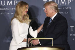 Republican presidential candidate Donald Trump greets his daughter Ivanka Trump during the grand opening of Trump International Hotel in Washington, Wednesday, Oct. 26, 2016. Donald Trump and his children hosted an official ribbon cutting ceremony and press conference to celebrate the grand opening of his new hotel. (AP Photo/Manuel Balce Ceneta)