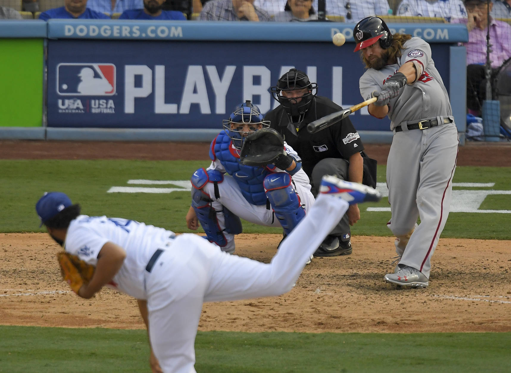 Washington Nationals' Jayson Werth hits a solo home run during the ninth inning in Game 3 of baseball's National League Division Series against the Los Angeles Dodgers, Monday, Oct. 10, 2016, in Los Angeles. (AP Photo/Mark J. Terrill)