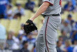 Washington Nationals relief pitcher Mark Melancon celebrates after their 8-3 win against the Los Angeles Dodgers during Game 3 of baseball's National League Division Series in Los Angeles, Monday, Oct. 10, 2016. (AP Photo/Mark J. Terrill)