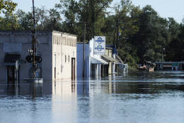 Floodwaters surround downtown Nichols, S.C. on Tuesday, Oct. 11, 2016.  About 150 people were rescued by boats from flooding in the riverside village of Nichols on Monday. (AP Photo/Rainier Ehrhardt)