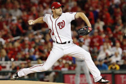 Washington Nationals starting pitcher Max Scherzer throws during the first inning of Game 5 of baseball's National League Division Series, against the Los Angeles Dodgers at Nationals Park, Thursday, Oct. 13, 2016, in Washington. (AP Photo/Pablo Martinez Monsivais)