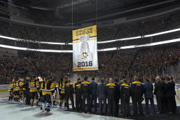 The Pittsburgh Penguins watch as their Stanley Cup Banner is raised before an NHL hockey game against the Washington Capitals, Thursday, Oct. 13, 2016, in Pittsburgh, Pa. (AP Photo/Fred Vuich)