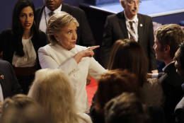 Democratic presidential nominee Hillary Clinton speaks to guests following the third presidential debate with Republican presidential nominee Donald Trump at UNLV in Las Vegas, Wednesday, Oct. 19, 2016. (AP Photo/Patrick Semansky)