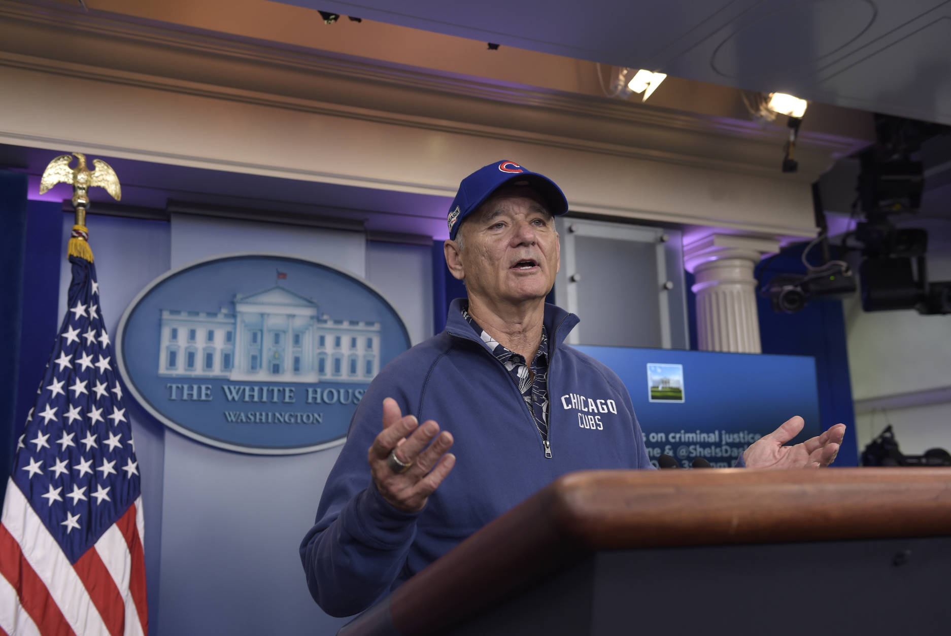 Actor Bill Murray speaks during a visit to the White House briefing room in Washington, Friday, Oct. 21, 2016. Murray is in Washington to receive the Mark Twain Prize for American Humor/ (AP Photo/Susan Walsh)