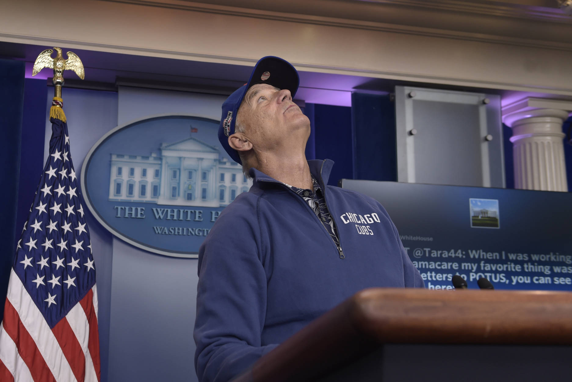 Actor Bill Murray visits the White House briefing room in Washington, Friday, Oct. 21, 2016. Murray is in Washington to receive the Mark Twain Prize for American Humor. (AP Photo/Susan Walsh)