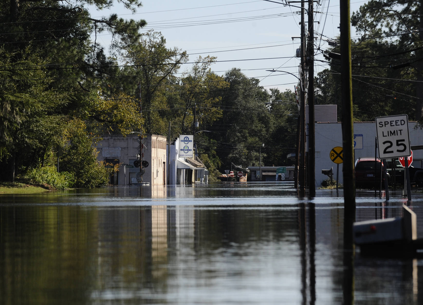 Downtown Nichols, S.C. is seen under floodwaters on Tuesday, Oct. 11, 2016. About 150 people were rescued by boats from flooding in the riverside village of Nichols on Monday. (AP Photo/Rainier Ehrhardt)