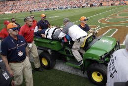 Denver Broncos offensive coordinator Wade Phillips is carted off the field after being run into by a player while on standing on the sidelines during the first half of an NFL football game against the San Diego Chargers, Sunday, Oct. 30, 2016, in Denver. (AP Photo/Jack Dempsey)