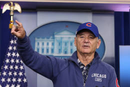 Actor Bill Murray gestures as he talks during a brief visit in the Brady Press Briefing Room of the White House in Washington, Friday, Oct. 21, 2016.  (AP Photo/Manuel Balce Ceneta)