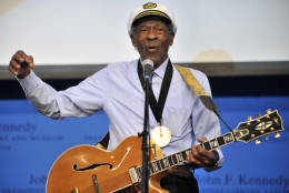 FILE - This Feb. 26, 2012 file photo, musician Chuck Berry plays "Johnny B. Goode" at the John F. Kennedy Presidential Library and Museum in Boston. Berry will be honored this fall by the Rock and Roll Hall of Fame as part of its American Music Masters series. (AP Photo/Josh Reynolds, File)