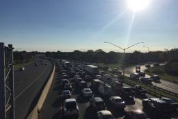 The view of the Beltway in College Park Sunday,  Oct. 23, 2016 after a car crash. (WTOP/Dennis Foley)