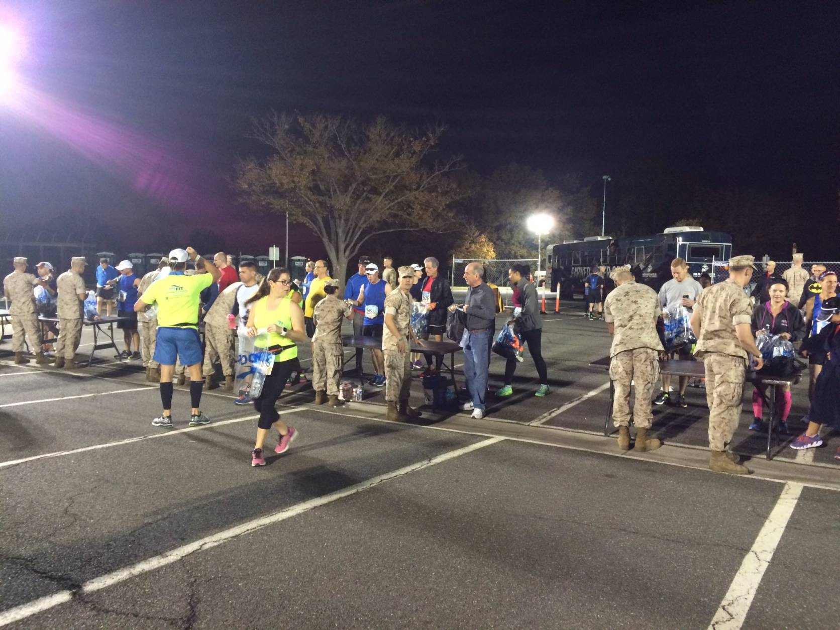 WTOP's Sarah Beth Hensley seems pretty happy there are no lines for security at the Marine Corps Marathon. (WTOP/Sarah Beth Hensley)