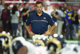 GLENDALE, AZ - OCTOBER 02:  Head coach Jeff Fisher of the Los Angeles Rams watches his team warm up prior to the NFL game against the Arizona Cardinals at University of Phoenix Stadium on October 2, 2016 in Glendale, Arizona.  (Photo by Norm Hall/Getty Images)
