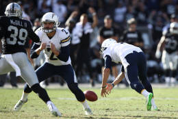 OAKLAND, CA - OCTOBER 09:  Drew Kaser #8 of the San Diego Chargers dives after the ball after fumbling the snap on a field goal attempt in the fourth quarter against the Oakland Raiders during their NFL game at Oakland-Alameda County Coliseum on October 9, 2016 in Oakland, California.  (Photo by Ezra Shaw/Getty Images)
