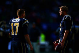 LONDON, ENGLAND - OCTOBER 23:   Case Keenum #17 of the Los Angeles Rams spepaks with  Jared Goff #16 of the Los Angeles Rams before the NFL International series game between Los Angeles Rams and New York Giants at Twickenham Stadium on October 23, 2016 in London, England.  (Photo by Dan Istitene/Getty Images)