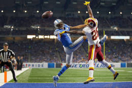 DETROIT, MI - OCTOBER 23: Bashaud Breeland #26 of the Washington Redskins breaks up a pass intended for Marvin Jones #11 of the Detroit Lions during third quarter action at Ford Field on October 23, 2016 in Detroit, Michigan (Photo by Gregory Shamus/Getty Images)