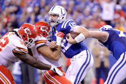 INDIANAPOLIS, IN - OCTOBER 30:  Andrew Luck #12 of the Indianapolis Colts is sacked by Frank Zombo #51 of the Kansas City Chiefs during the game at Lucas Oil Stadium on October 30, 2016 in Indianapolis, Indiana.  (Photo by Andy Lyons/Getty Images)