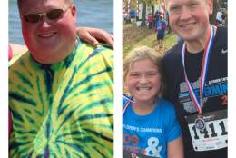 This before-and-after photo shows Ron Allison at his heaviest -- around 320 pounds in August 2013, and in November 2015 with his 9-year-old daughter, Kaidlyn.  To date, he has lost nearly half his original body weight. (Courtesy of Ron Allison)