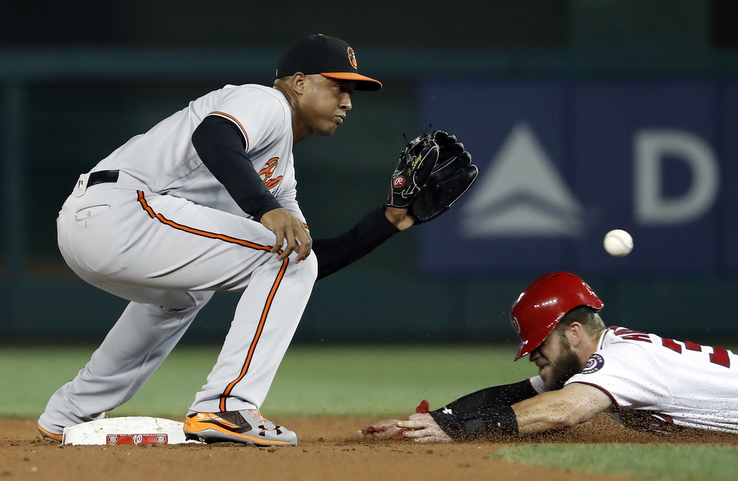 Washington Nationals' Bryce Harper safely steals second as Baltimore Orioles second baseman Jonathan Schoop waits for the throw during the fourth inning of a baseball game at Nationals Park Thursday, Aug. 25, 2016, in Washington. (AP Photo/Alex Brandon)