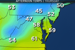 The National Weather Service’s GFS computer model is the source for this afternoon temperature data all week. Temperatures will be below average the entire time. The forecast from the actual humans at StormTeam 4 is slightly higher just because of pattern recognition and allow for the dry ground with all the sun of midweek. The reason for the relatively milder air with the clouds and showers on Thursday and Friday is because of the southwesterly winds kicking in with the storm system, the center of which will be heading to our north and west. (Data: Environmental Modeling Center/NOAA. Graphics: Storm Team 4)