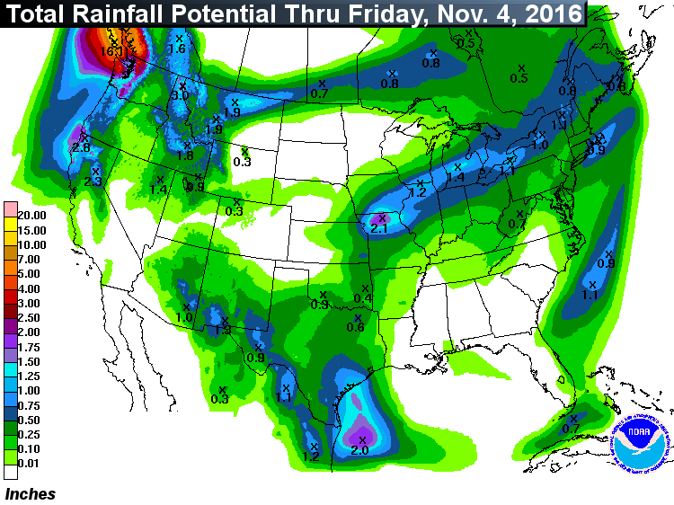 The total precipitation forecast from the Weather Prediction Center division of NOAA shows the trend, that just like last week, copious amounts of rain and mountain snows will move into the Pacific Northwest and we will have to wait for the cold front to get here Thursday/Thursday night, but it won’t amount to much rain. (Weather Prediction Center, NOAA)