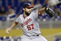 Washington Nationals' Tanner Roark pitches against the Miami Marlins in the first inning of a baseball game, Tuesday, Sept. 20, 2016, in Miami. (AP Photo/Alan Diaz)