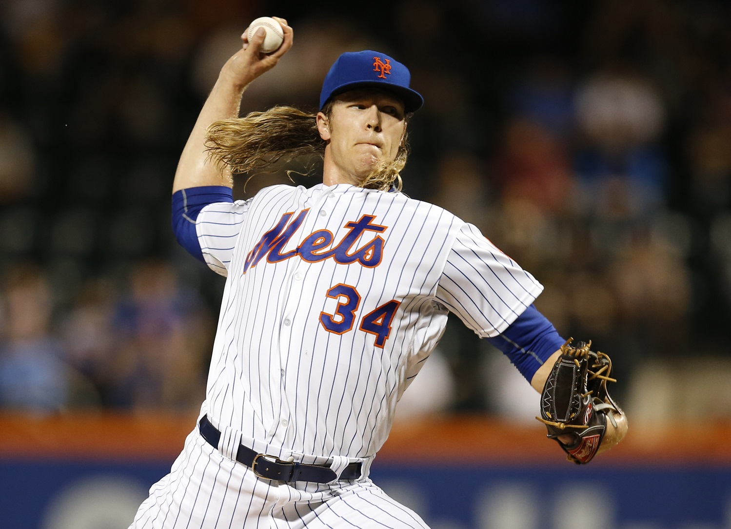 New York Mets starting pitcher Noah Syndergaard (34) delivers during the first inning of a baseball game against the Atlanta Braves, Monday, Sept. 19, 2016, in New York.  (AP Photo/Kathy Willens)
