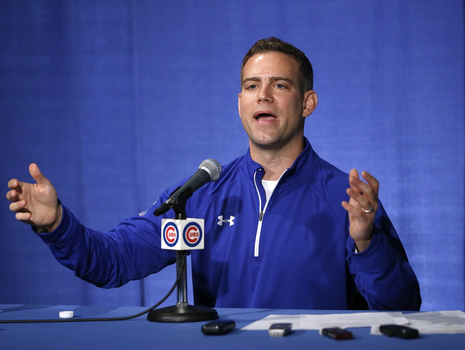 Theo Epstein, President of Baseball Operations for the Chicago Cubs, talks to reporters the day after his ball club was eliminated in the NLCS by the New York Mets. Thursday, Oct. 22, 2015, in Chicago. (AP Photo/Charles Rex Arbogast)