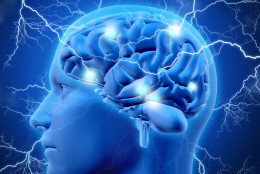 3D render of a male head and brain with lightening bolts