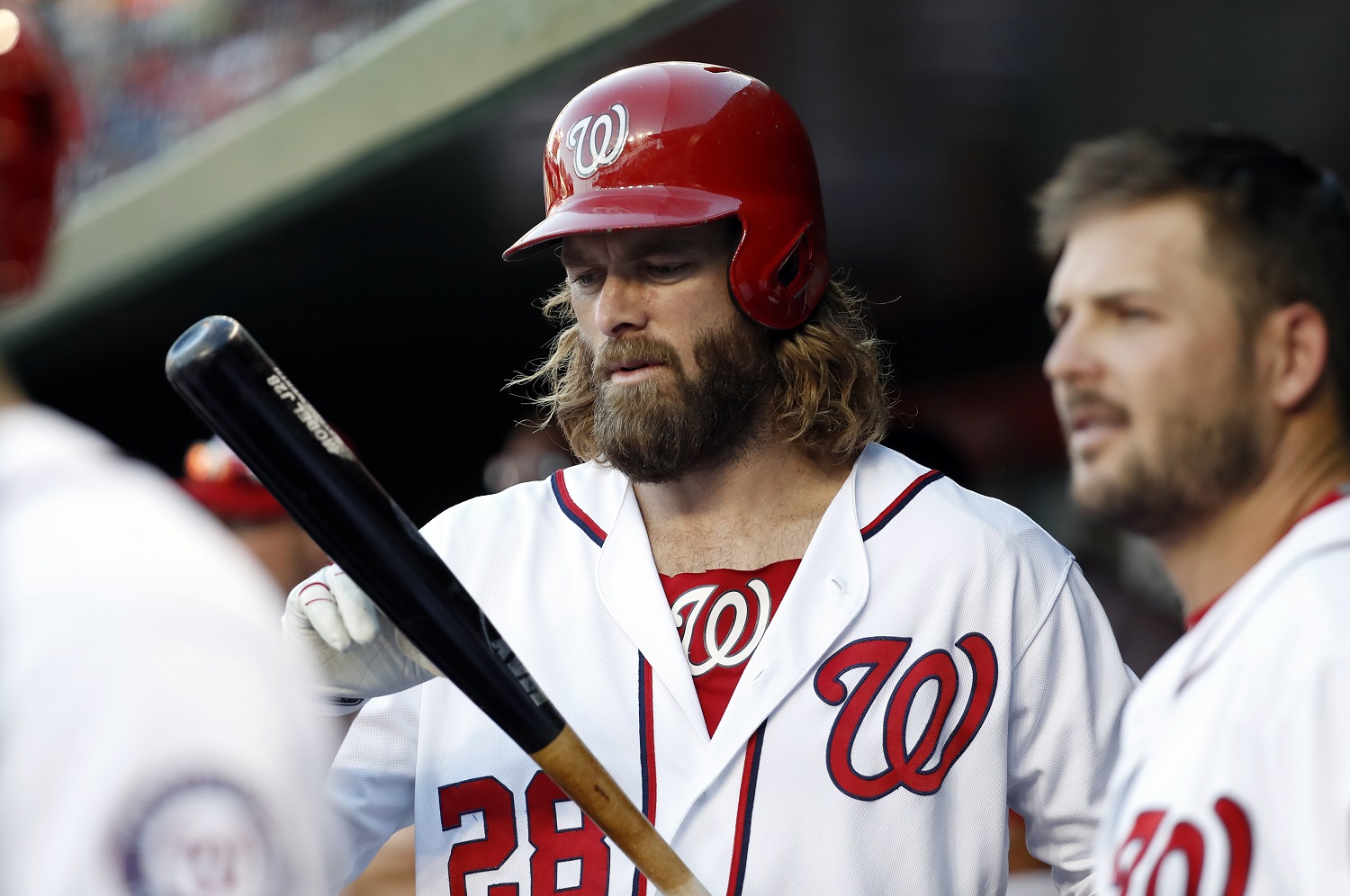 Washington Nationals left fielder Jayson Werth (28) checks his bat in the dugout during a baseball game against the New York Mets at Nationals Park, Wednesday, Sept. 14, 2016, in Washington. The Nationals won 1-0. (AP Photo/Alex Brandon)