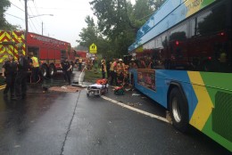 Emergency responders at the scene of a crash involving a Ride On bus and a truck  in Gaithersburg, Md., on Oct. 1, 2016.  (Pete Piringer/MCFRS)