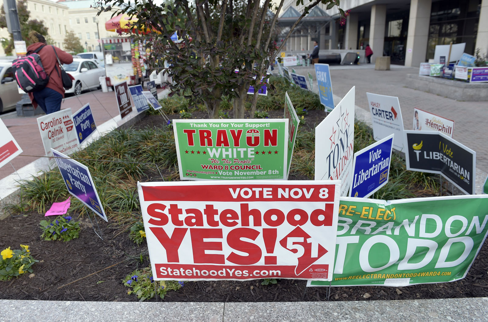 In this photo taken Nov. 3, 2016, signs supporting DC statehood are on display outside an early voting place on in Washington. District of Columbia voters will decide whether they want the nation's capital to become its 51st state. The D.C. Council choices include former Mayor Vincent Gray, and Del. Eleanor Holmes Norton, D-D.C. seeks re-election.  (AP Photo/Susan Walsh)