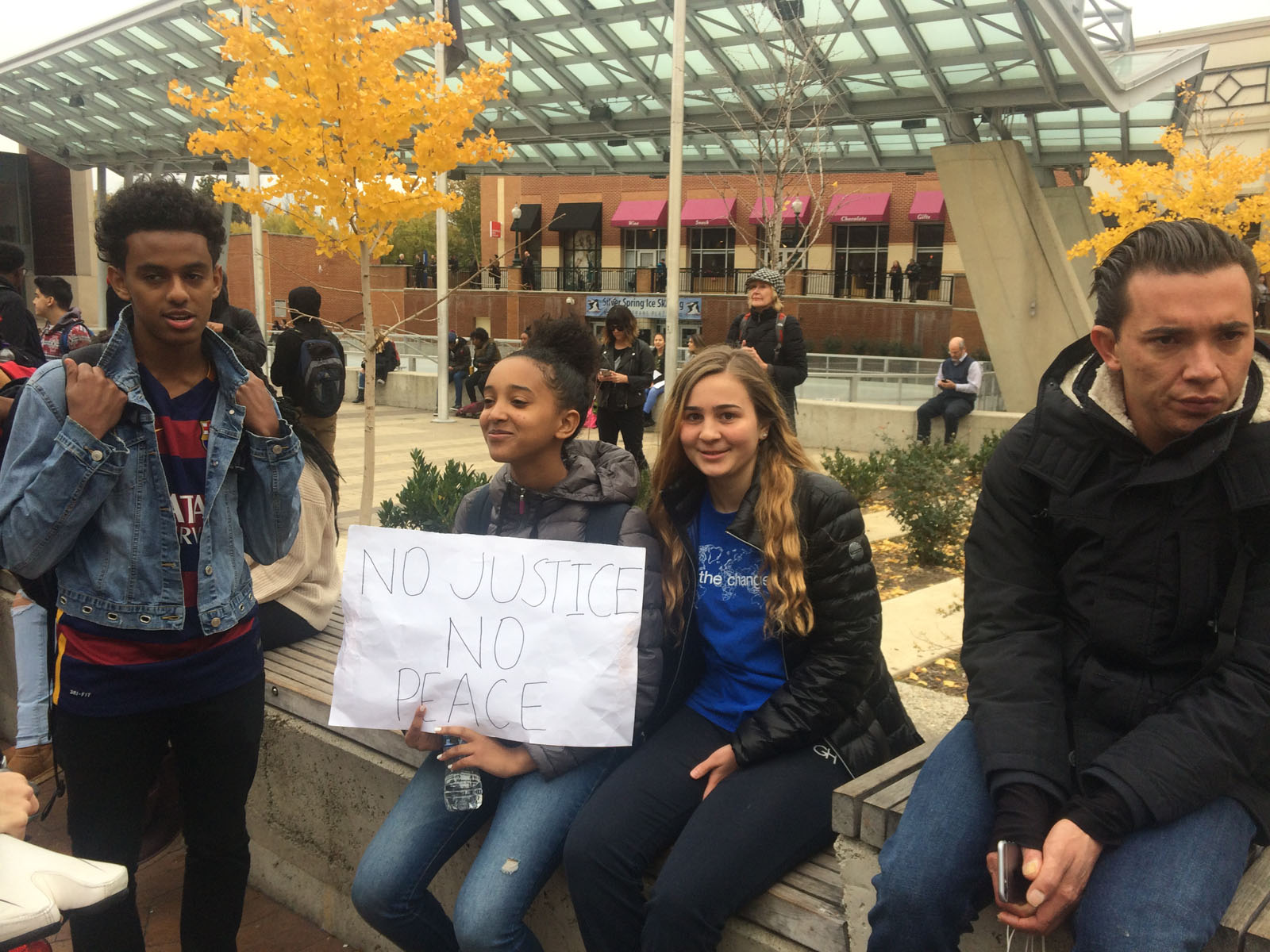 Montgomery County high school students who left class to protest President-elect Donald Trump end their march in downtown Silver Spring, Md. on Nov. 14, 2016. (WTOP/Dick Uliano)