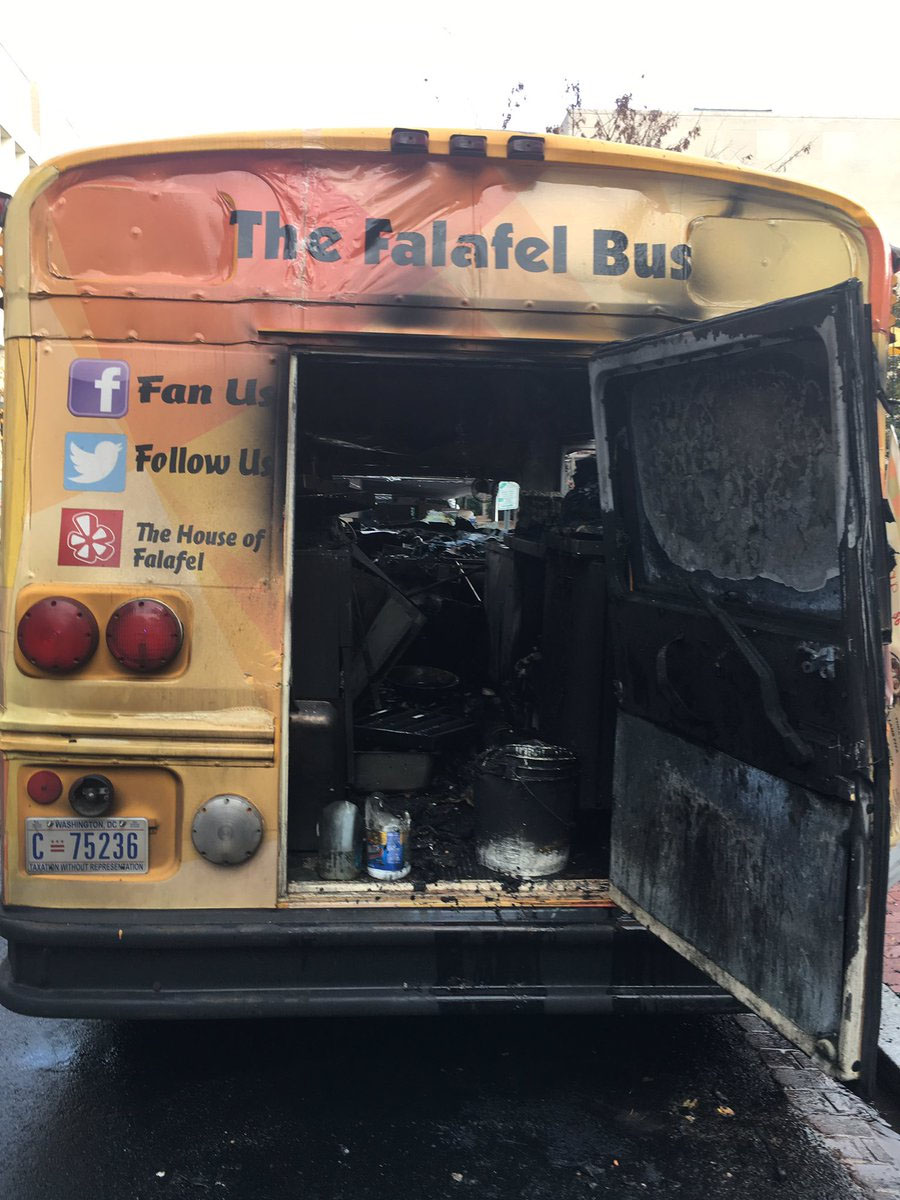 The "Falafel Bus" food truck was parked on H Street near George Washington University when it caught fire. Three people were injured, including one critically, in the blaze. (Courtesy D.C. Fire and EMS)