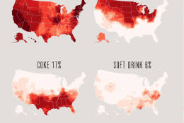 A majority of the country says "soda." But "pop" and "Coke" are strong regional flavors. (Maps excerpted from SPEAKING AMERICAN: How Y’all, Youse , and You Guys Talk: A Visual Guide by Josh Katz. Copyright © 2016 by Josh Katz. Reprinted by permission of Houghton Mifflin Harcourt Publishing Company. All rights reserved.)