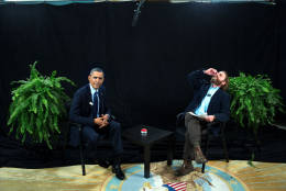 President Barack Obama participates in an interview with Zach Galifianakis for "Between Two Ferns with Zach Galifianakis" in the Diplomatic Reception Room of the White House, Feb. 24, 2014. (Official White House Photo by Pete Souza)

This official White House photograph is being made available only for publication by news organizations and/or for personal use printing by the subject(s) of the photograph. The photograph may not be manipulated in any way and may not be used in commercial or political materials, advertisements, emails, products, promotions that in any way suggests approval or endorsement of the President, the First Family, or the White House.