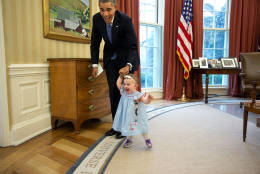 April 4, 2014
"Despite the haphazard framing, I love the expressions on the President and one-year-old Lincoln Rose Smith as she learns to walk in the Oval Office. This moment happened when former Deputy Press Secretary Jamie Smith and her family stopped by for a departure greet and photograph with the President."  
(Official White House Photo by Pete Souza)



This official White House photograph is being made available only for publication by news organizations and/or for personal use printing by the subject(s) of the photograph. The photograph may not be manipulated in any way and may not be used in commercial or political materials, advertisements, emails, products, promotions that in any way suggests approval or endorsement of the President, the First Family, or the White House.