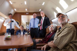 Alan Gross with his wife Judy, attorney Scott Gilbert, Rep. Chris Van Hollen, D-Md., Sen. Patrick Leahy, D-Vt., and Sen. Jeff Flake, R-Ariz. watch television onboard a government plane headed back to the US as the news breaks of his release, Dec. 17, 2014. (Official White House Photo by Lawrence Jackson)

This official White House photograph is being made available only for publication by news organizations and/or for personal use printing by the subject(s) of the photograph. The photograph may not be manipulated in any way and may not be used in commercial or political materials, advertisements, emails, products, promotions that in any way suggests approval or endorsement of the President, the First Family, or the White House.