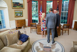 June 23, 2014
"This was a photograph that went viral when we posted in on Flickr. Lawrence Jackson captured a young boy face-planting himself onto the sofa in the Oval Office as the President greeting his parentsÐa departing United States Secret Service agent and his wife."
(Official White House Photo by Lawrence Jackson)

This official White House photograph is being made available only for publication by news organizations and/or for personal use printing by the subject(s) of the photograph. The photograph may not be manipulated in any way and may not be used in commercial or political materials, advertisements, emails, products, promotions that in any way suggests approval or endorsement of the President, the First Family, or the White House.