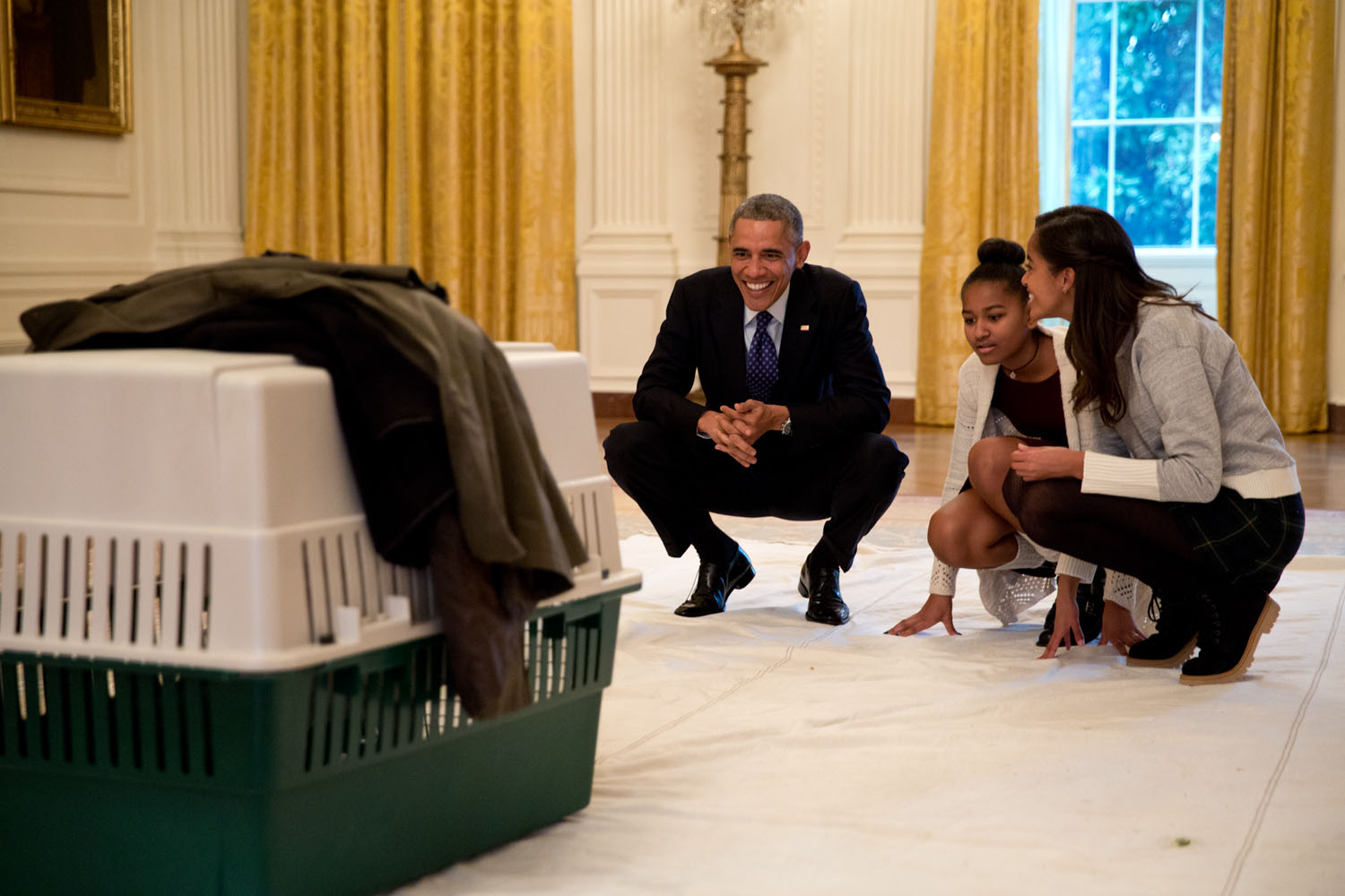 Nov. 26, 2014
"The President and his daughters Malia and Sasha look at 'Mac' the turkey in the East Room prior to the annual National Thanksgiving Turkey pardon ceremony at the White House. The President pardoned 'Cheese' publicly, though both 'Mac' and 'Cheese' were spared to live out their life at a farm in Ohio." 
(Official White House Photo by Pete Souza)

This official White House photograph is being made available only for publication by news organizations and/or for personal use printing by the subject(s) of the photograph. The photograph may not be manipulated in any way and may not be used in commercial or political materials, advertisements, emails, products, promotions that in any way suggests approval or endorsement of the President, the First Family, or the White House.