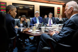 President Barack Obama, with Vice President Joe Biden, convenes a National Security Council meeting in the Situation Room of the White House, Dec. 1, 2014. Seated with them from left are National Security Advisor Susan E. Rice, Secretary of State John Kerry, Tony Blinken, Deputy National Security Advisor and Lisa Monaco, Assistant to the President for Homeland Security and Counterterrorism. (Official White House Photo by Pete Souza)

This official White House photograph is being made available only for publication by news organizations and/or for personal use printing by the subject(s) of the photograph. The photograph may not be manipulated in any way and may not be used in commercial or political materials, advertisements, emails, products, promotions that in any way suggests approval or endorsement of the President, the First Family, or the White House.