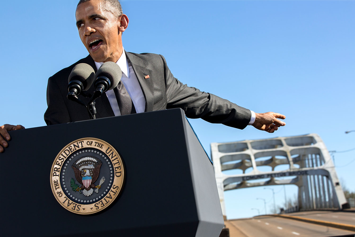 President Barack Obama delivers remarks during the event to commemorate the 50th Anniversary of Bloody Sunday and the Selma to Montgomery civil rights marches, at the Edmund Pettus Bridge in Selma, Ala., March 7, 2015. (Official White House Photo by Pete Souza)

This official White House photograph is being made available only for publication by news organizations and/or for personal use printing by the subject(s) of the photograph. The photograph may not be manipulated in any way and may not be used in commercial or political materials, advertisements, emails, products, promotions that in any way suggests approval or endorsement of the President, the First Family, or the White House.